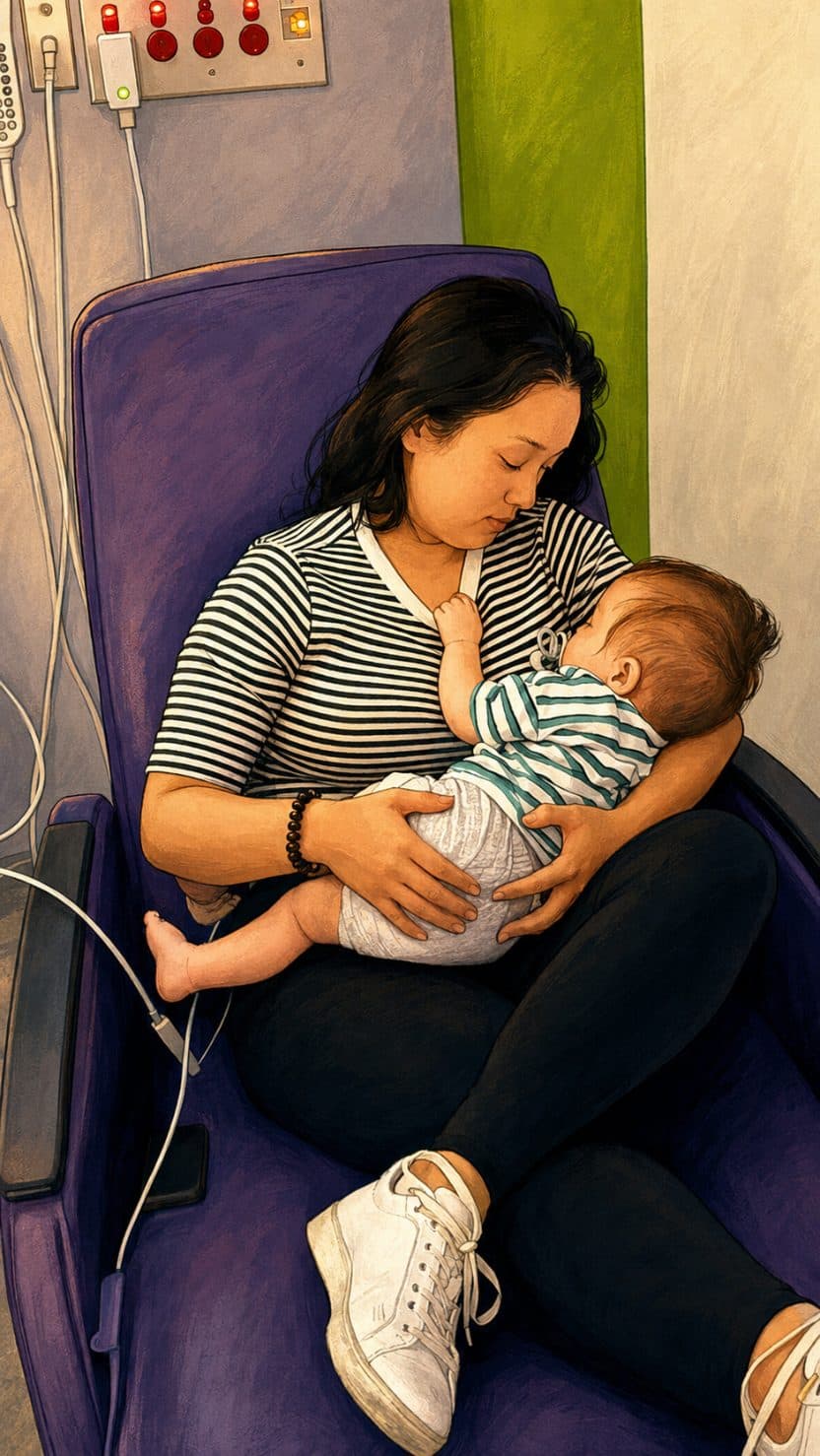 Illustration of a parent holding a sleeping toddler on monitor leads in a hospital chair